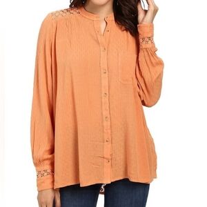 Free People The Best Button Front Crochet Oversize Long Sleeve Shirt XS Orange